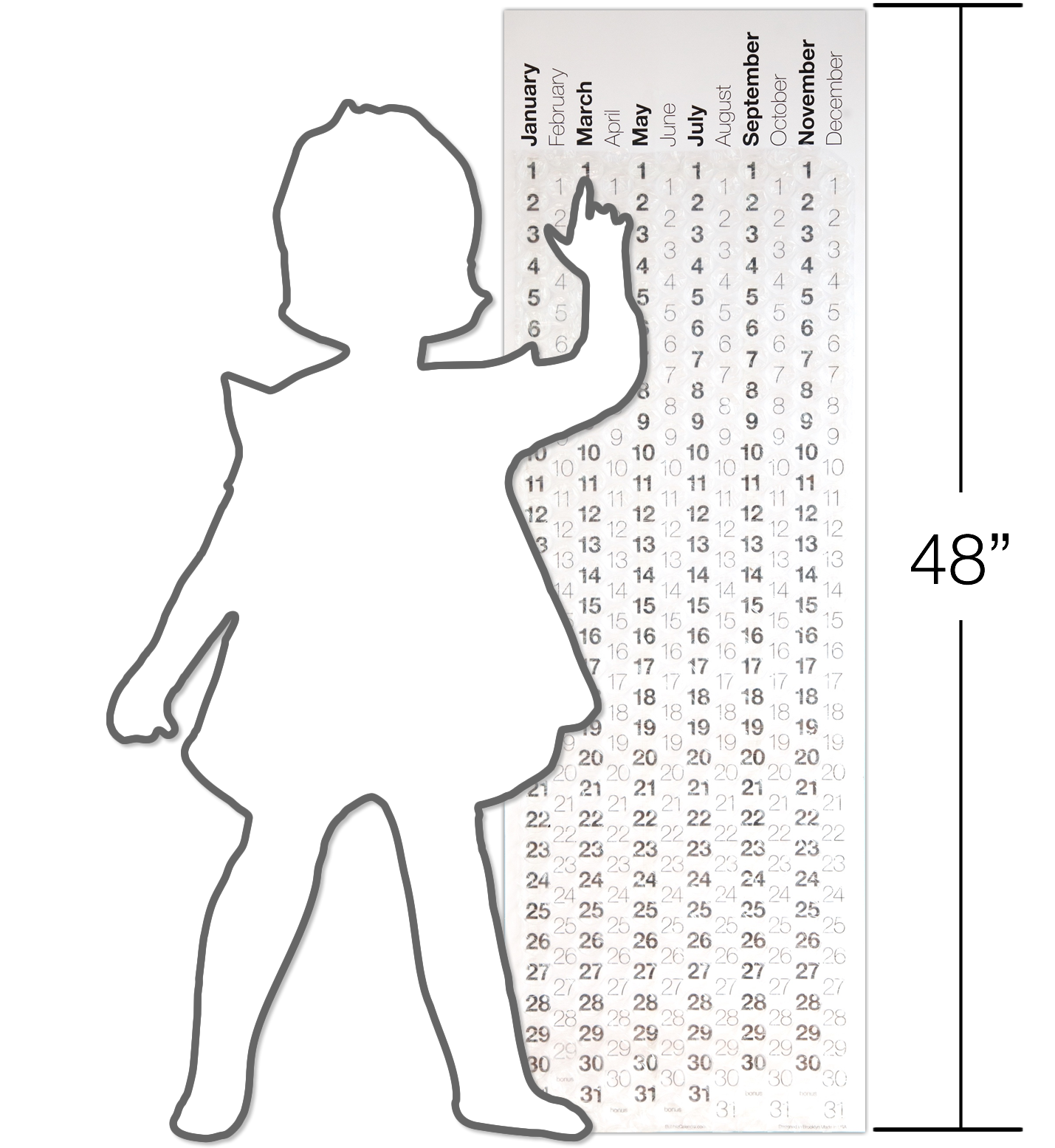 diagram of a child popping a bubble calendar to show scale